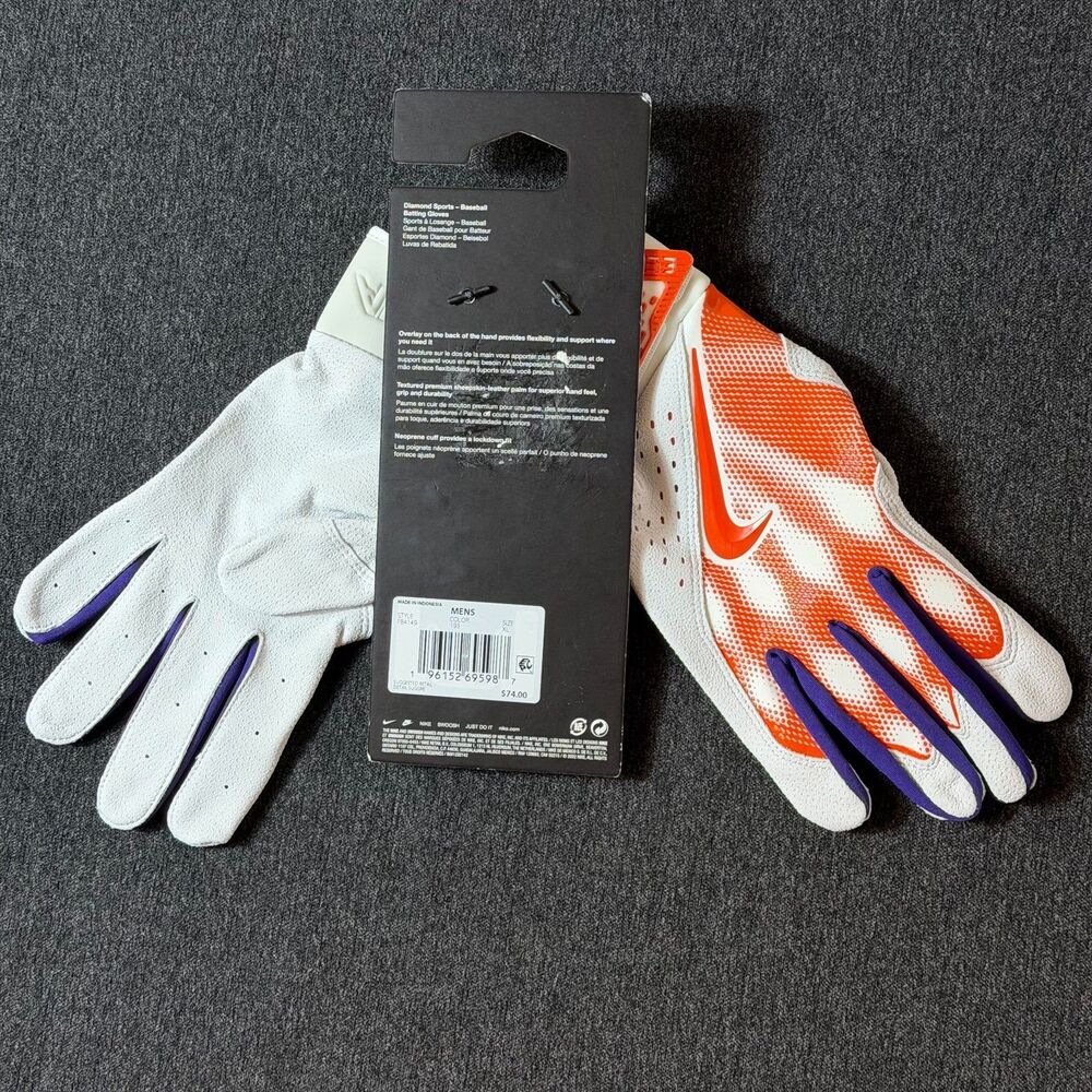 NIKE Alpha Elite PE Batting Gloves Clemson Tigers White Orange Purple Men XL NWT